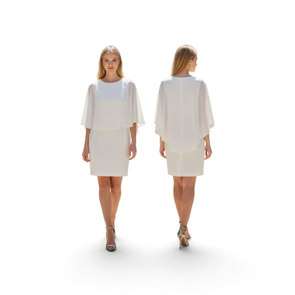 Hanna Nikole Plus Size 16w White Dress With Diagnol Cape Sleeveless Round Neck